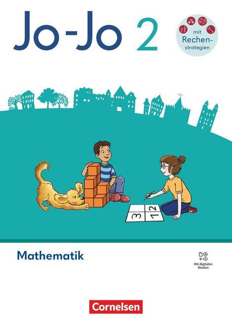 Titel: "Jo-Jo 2", "Mathematik", mit Rechenstrategien. Zwei Kinder spielen mit Blöcken und ein Hund ist dabei.