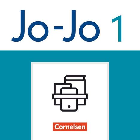 Text: "Jo-Jo 1" und "Cornelsen". Illustration: Bücher und ein moderner Schreibtisch in minimalistischer Linienführung.