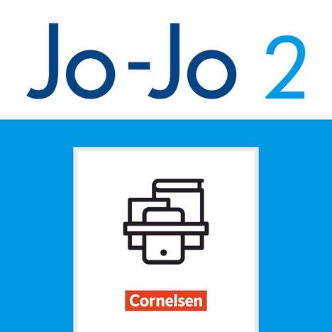 Text: "Jo-Jo 2", "Cornelsen". Ein stilisiertes Logo zeigt Bücher und Tablets.
