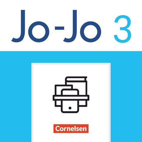Text: "Jo-Jo 3" und "Cornelsen". In einem blauen Quadrat, ein Logo mit Buch- und Tablet-Symbolen.