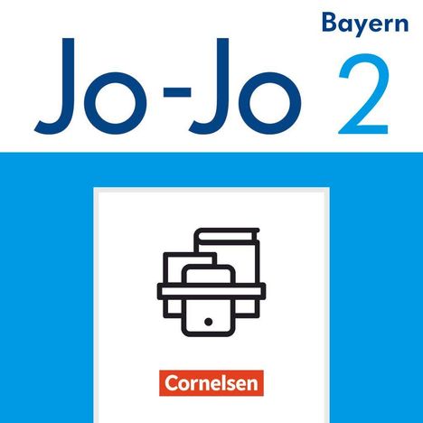 "Jo-Jo 2 Bayern" oben, "Cornelsen" in roter Box unten, daneben Buchillustration auf blauem Hintergrund.