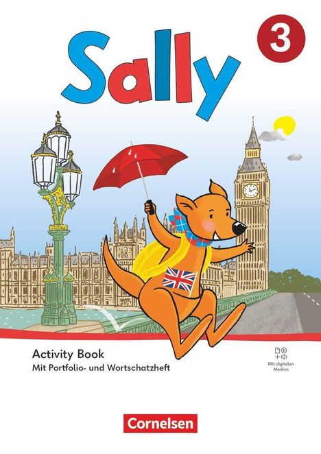 "Sally" in bunten Buchstaben, darunter "Activity Book" und "Mit Portfolio- und Wortschatzheft". Känguru mit Regenschirm in London.