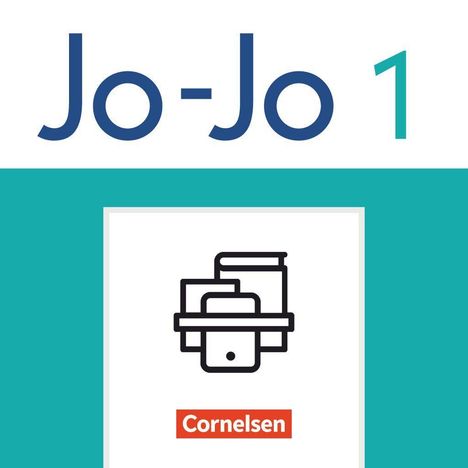 Text: "Jo-Jo 1", "Cornelsen". Illustration: Bücher und Tablet auf türkisfarbenem Hintergrund.