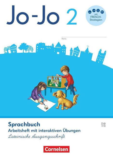 "Jo-Jo 2", "mit FRESCH-Strategien", "Sprachbuch", "Cornelsen". Zwei Kinder und ein Hund, Illustration.