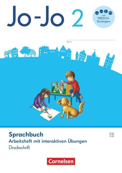 "Jo-Jo 2. Sprachbuch. Arbeitsheft mit interaktiven Übungen. Druckschrift." Illustration: Kinder und Hund mit Laptop.