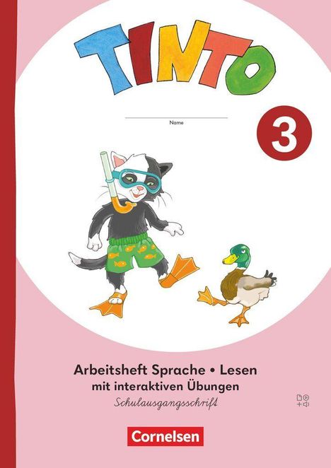 Text: TINTO, Name, 3, Arbeitsheft Sprache • Lesen mit interaktiven Übungen, Schulausgangsschrift, Cornelsen. 

Illustration: Eine Katze mit Taucherbrille, Flossen und Schwimmreifen neben einer Ente.