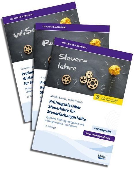 Drei Buchcover zeigen die Titel: "Steuerlehre", "Rechnungswesen", "Wirtschaft". Zahnrad-Illustrationen ohne Hintergrund.