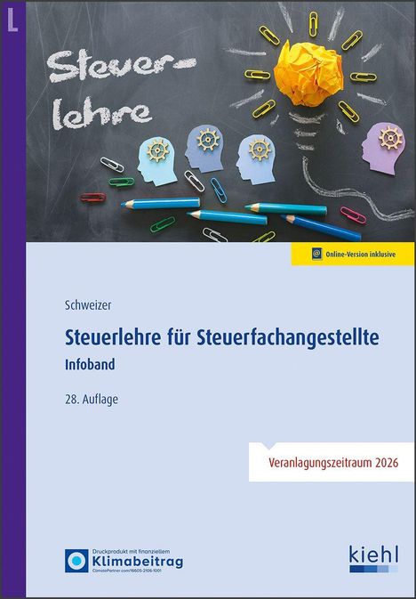 „Steuerlehre“, „Online-Version inklusive“, „Schweizer Steuerlehre für Steuerfachangestellte“, „Veranlagungszeitraum 2026“. Hintergrund mit Zahnrädern in Köpfen.