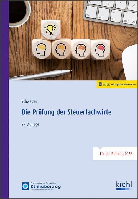 "Die Prüfung der Steuerfachwirte", 27. Auflage, "Für die Prüfung 2026". Illustration: Holzwürfel, Glühbirne, Köpfe.