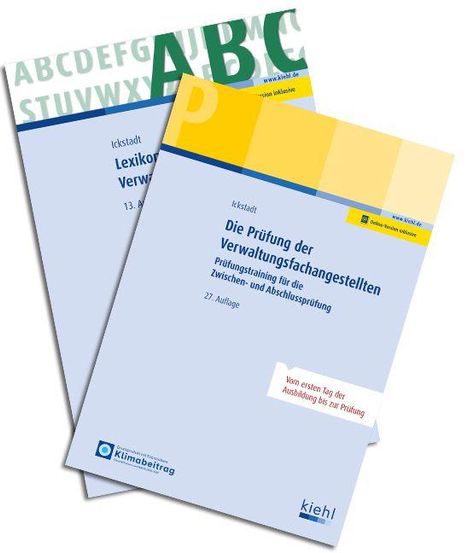 Zwei Buchcover in Blau: "Die Prüfung der Verwaltungsfachangestellten" und "Lexikon Verwaltungsrecht".