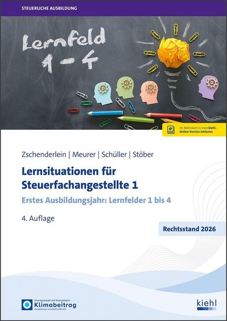 "Lernfeld 1-4" steht auf einer Tafel. Unter farbigen Köpfen und einer gelben Glühbirne; Büroklammern und Stifte.