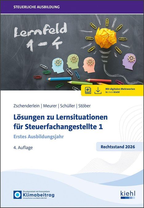 "Lernfeld 1-4" auf Tafel mit bunten Köpfen und Glühbirne aus Papier mit Büroklammern. Steuerliche Ausbildung.