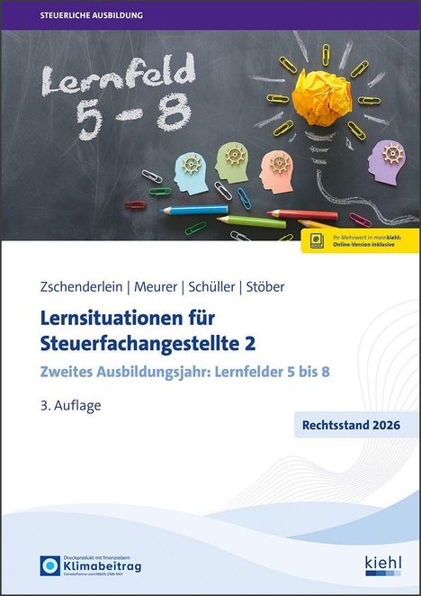 Text oben: "Lernfeld 5-8". Darunter bunte Köpfe, Büroklammern und eine Glühbirne aus Papier.