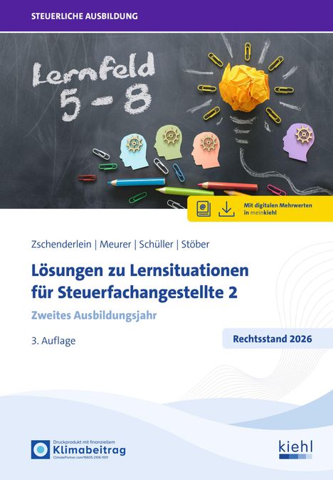 "Lernfeld 5-8", bunte Köpfe und Glühlampe aus Papier auf Tafelhintergrund. Text: "Lösungen Steuerfachangestellte 2".