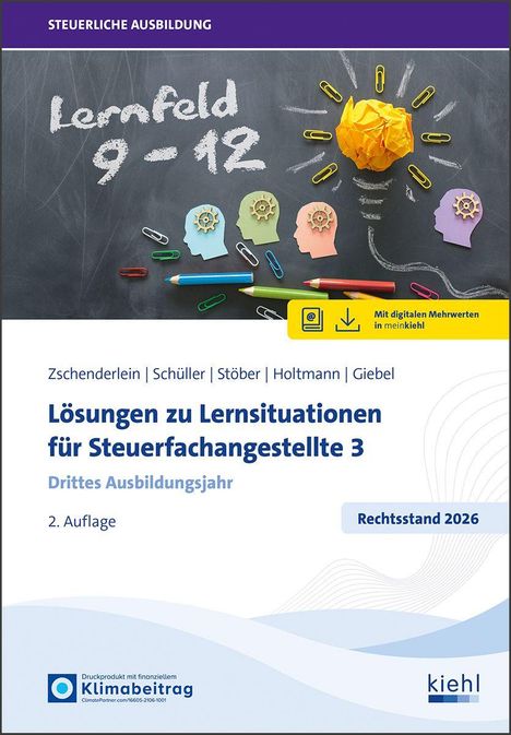 "Lernfeld 9-12" auf Tafel, bunte Köpfe mit Zahnrädern, leuchtende Glühbirne aus Papier, Schriftzug: "Rechtsstand 2026".