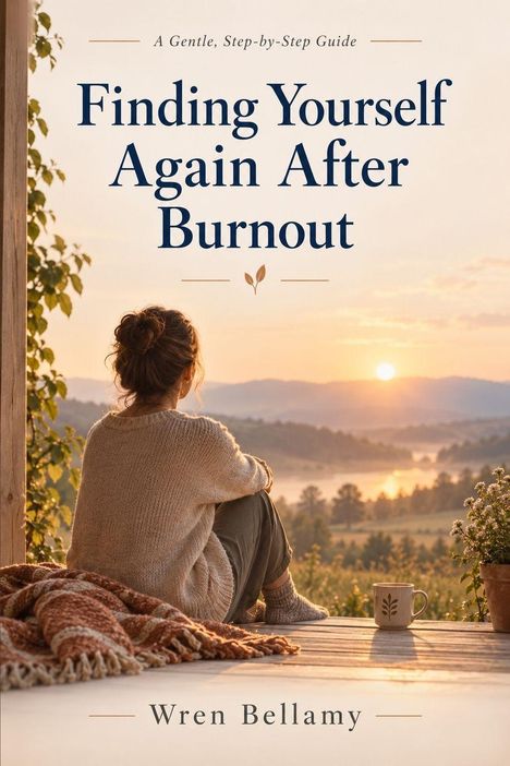 "Finding Yourself Again After Burnout" von Wren Bellamy. Frau sitzt auf Veranda, sieht Sonnenaufgang über Hügeln.