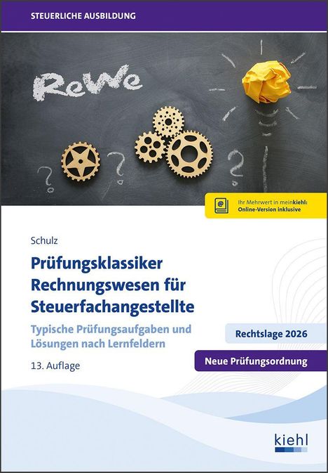 „Rewe“ auf Tafel, daneben Zahnräder und gelber Papierball wie Glühbirne. Text über Rechnungswesen und Steuerfachangestellte.
