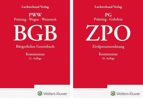 Zwei rote Buchcover, links "BGB", rechts "ZPO", beide aus dem Luchterhand Verlag, mit Kommentaren von Prütting und anderen.
