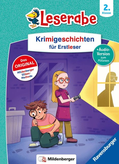 "Krimigeschichten für Erstleser", Illustration mit zwei Kindern, eines mit Lupe, eines mit Taschenlampe, und einem Fenster.
