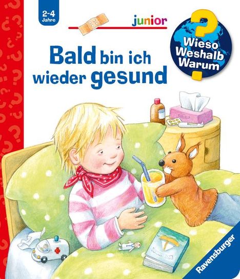"Bald bin ich wieder gesund." Illustration: Ein Kind im Bett, trinkt und kuschelt mit Stofftier, Medikamente auf Tisch.