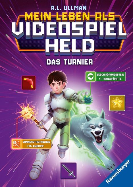 „Mein Leben als Videospiel Held: Das Turnier“. Junge in Rüstung mit Keule, Wolf. Power-Ups: Donnerstreitkolben, Beschwörungsstein.