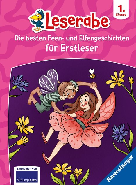 "Leserabe: Die besten Feen- und Elfengeschichten für Erstleser. Illustration mit zwei fliegenden Elfenkindern."