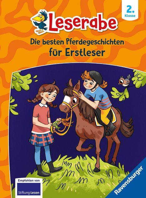 „Leserabe: Die besten Pferdegeschichten für Erstleser, 2. Klasse.“ Illustration: Kinder mit Pony auf Wiese.