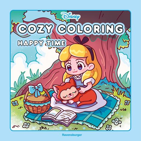 Text: Cozy Coloring, Happy Time, Disney, Ravensburger. Illustration: Ein Mädchen auf einer Decke mit Katze und Picknickkorb.