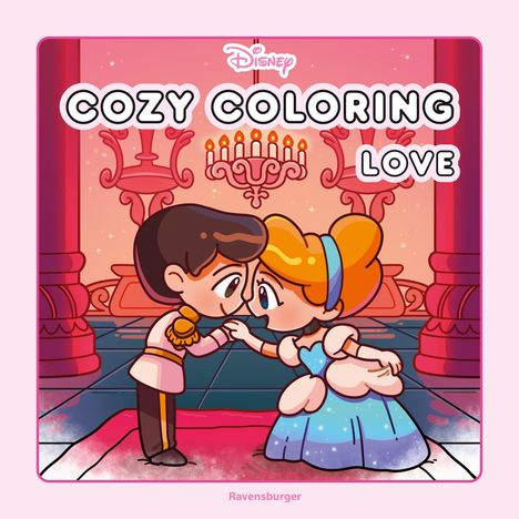 Text: Disney, COZY COLORING LOVE. Illustration: Ein Prinz küsst die Hand einer Prinzessin in einem verzierten Saal.