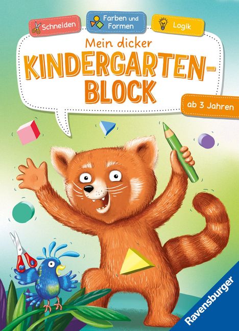 "Mein dicker Kindergartenblock", "ab 3 Jahren", "Schneiden", "Farben und Formen", "Logik". Illustration: ein rotes Tier mit Buntstift.