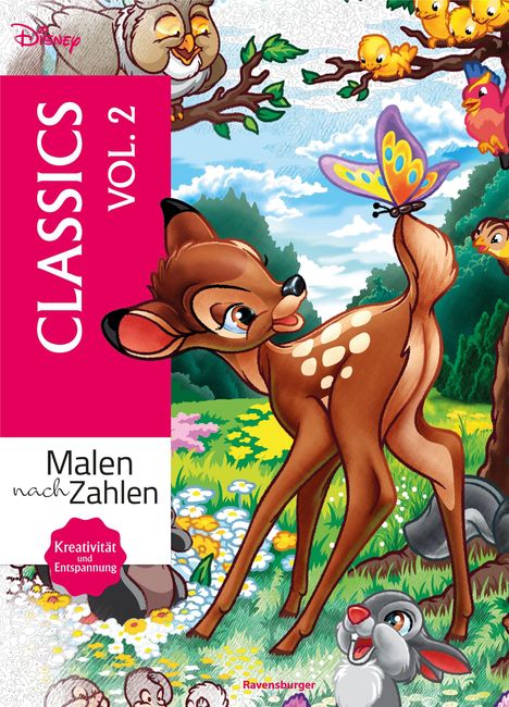"CLASSICS VOL. 2. Malen nach Zahlen. Kreativität und Entspannung. Illustration von einem Reh mit Schmetterling und Tieren."