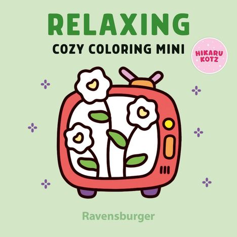 „RELAXING COZY COLORING MINI“ oben, „Ravensburger“ unten. Illustration: Blumen in einem Retro-Fernseher.