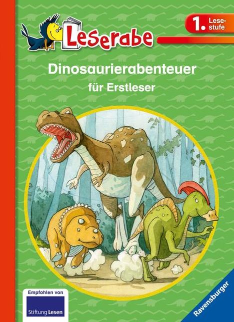 „Leserabe: Dinosaurierabenteuer für Erstleser.“ Drei Dinosaurier im Wald, darunter ein T-Rex. Ravensburger-Logo unten rechts.