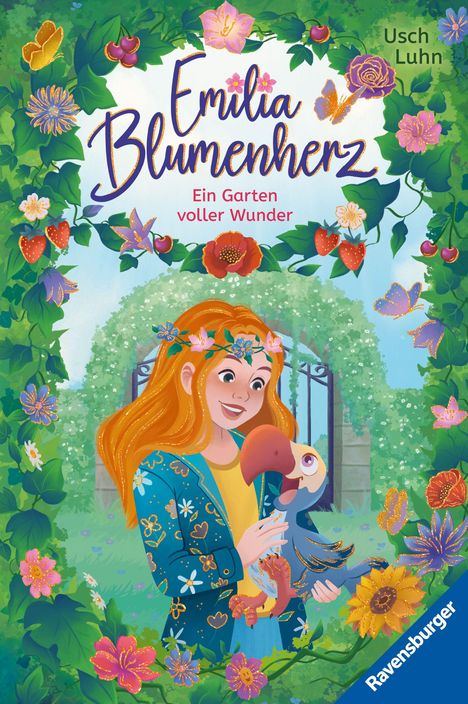 Text: "Emilia Blumenherz - Ein Garten voller Wunder". Illustration: Mädchen mit rotem Haar und Blätterkranz hält bunten Vogel.