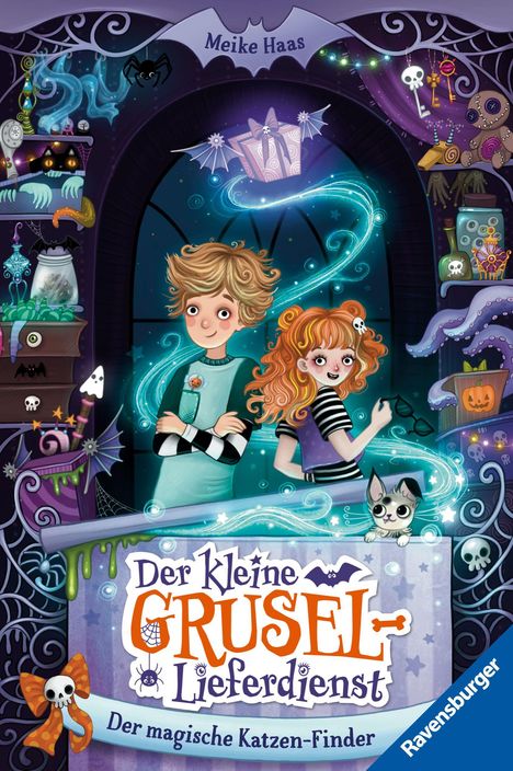 Text: "Der Kleine Grusel-Lieferdienst. Der magische Katzen-Finder. Meike Haas."

Illustration: Zwei Kinder im spukigen Labor mit einer Katze.