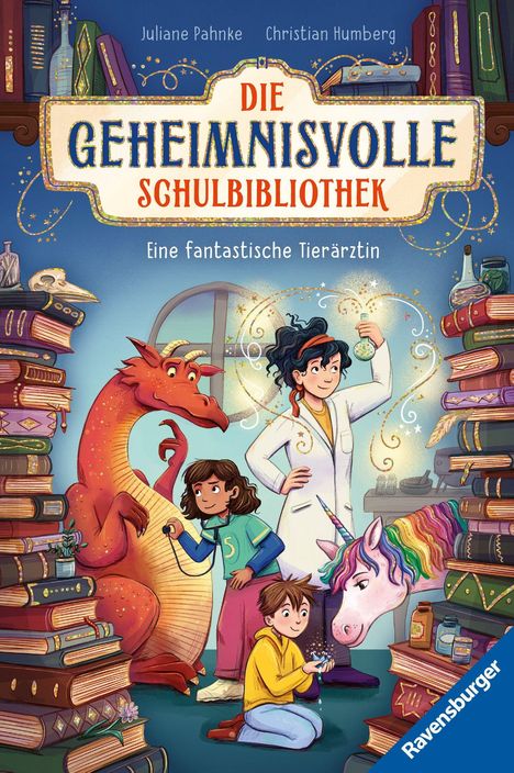 „Die geheimnisvolle Schulbibliothek“, „Eine fantastische Tierärztin“. Illustration: Kinder mit Drache und Einhorn.