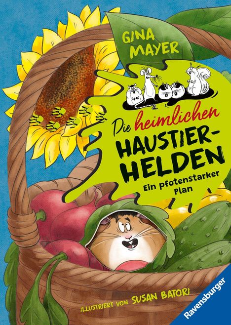 „Die heimlichen Haustier-Helden: Ein pfotenstarker Plan“ steht über einem Korb voller Gemüse und kleinem Tier.