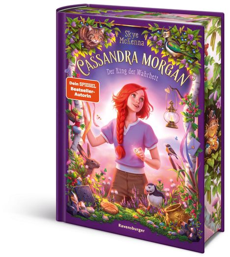 „Cassandra Morgan: Der Ring der Wahrheit“ von Skye McKenna, farbenfrohes Cover mit einem Mädchen und Tieren im Wald.