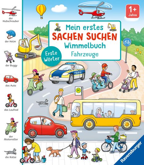 "Mein erstes Sachen suchen Wimmelbuch Fahrzeuge. Erste Wörter." Illustration mit verschiedenen Fahrzeugen, Personen und einer Katze.