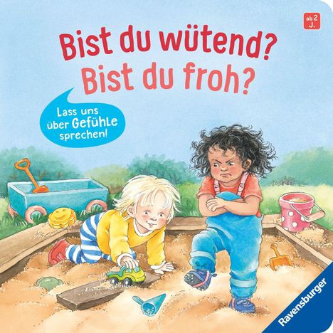 „Bist du wütend? Bist du froh?“ Zwei Kinder im Sandkasten, eines lächelt, das andere schaut verärgert.