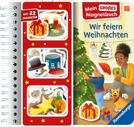 "Mit 22 Magneten. Mein großes Magnetbuch. Wir feiern Weihnachten." Mutter und Kind schmücken Weihnachtsbaum, Hund sitzt daneben.