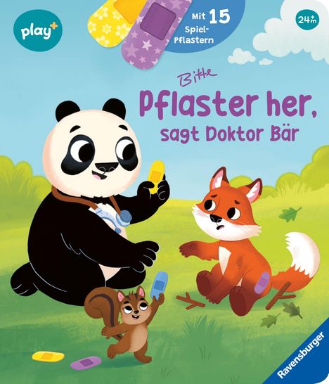 "Bitte Pflaster her, sagt Doktor Bär" in lila. Ein Panda mit Pflastern, ein verletzter Fuchs und ein Chipmunk auf einer Wiese.