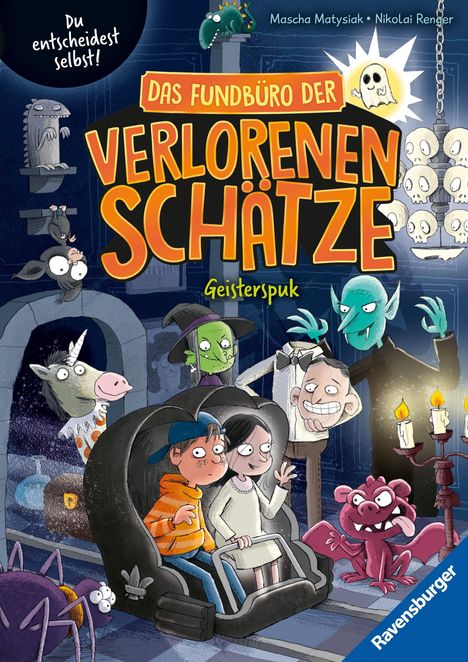 Titel: "Das Fundbüro der verlorenen Schätze: Geisterspuk". Kinder und fantasievolle Figuren in gruseliger Szene.