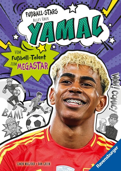 Text "Fußball-Stars: Alles über Yamal", "Vom Fußball-Talent zum Megastar". Lächelnder Fußballspieler in rotem Trikot, Comic-Stil.