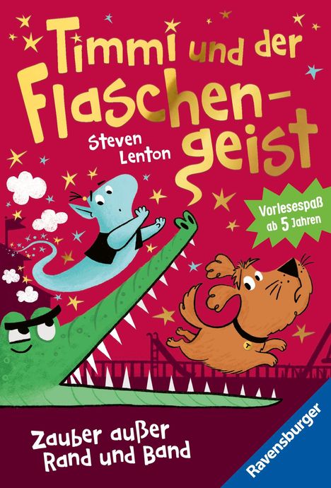 "Titel: Timmi und der Flaschengeist. Vorlesespaß ab 5 Jahren. Illustration: Krokodil, fliegender Hund und Geist auf rotem Hintergrund."