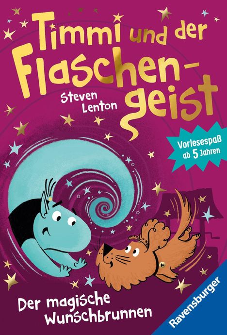 „Timmi und der Flaschengeist“ in gelber Schrift, darunter „Der magische Wunschbrunnen“. Ein Hund und ein blauer Geist.