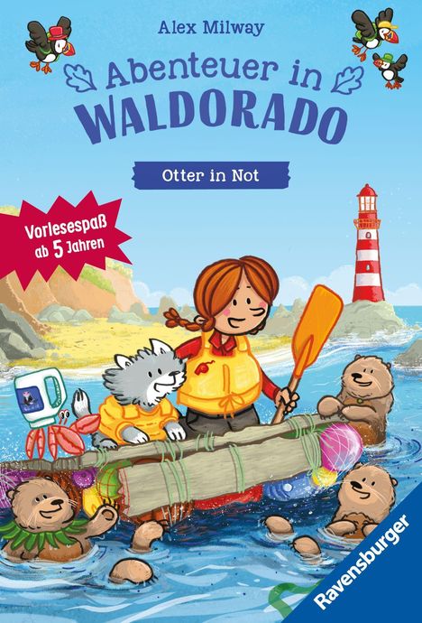 "Abenteuer in Waldorado: Otter in Not" steht über einer Illustration mit Mädchen, Tier und Rettungsaktion im Wasser.