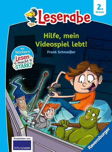 "Leserabe. Hilfe, mein Videospiel lebt! Mit Stickern Lesen macht stark! Illustration: Junge kämpft mit Fantasiefiguren."