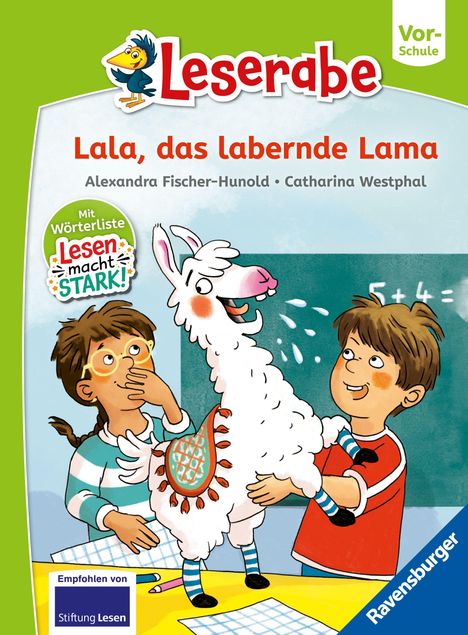 „Leserabe: Lala, das labernde Lama.“ Zwei lachende Kinder und ein fröhliches Lama in farbenfroher Illustration.