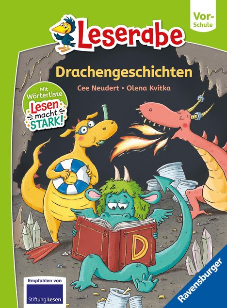 Text: "Leserabe", "Drachengeschichten", "Cee Neudert, Olena Kvitka". Illustration: Drei bunte Drachen, einer liest ein Buch.